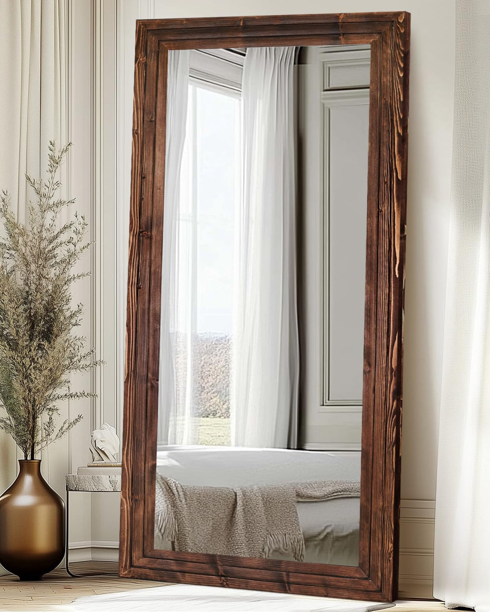 76x34in Full Length Mirror, 3-Tier Stepped Solid Wood Frame, Brown