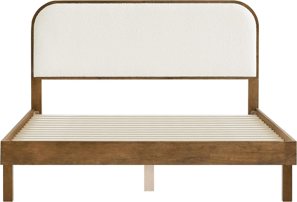KISLOT Wood Bed Frame with Upholstered Headboard, Mid-Century Boucle Fabric P...
