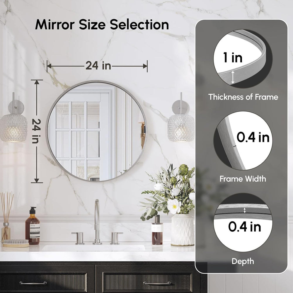 USHOWER 24 Inch Brushed Nickel Round Bathroom Mirror for Over Sink