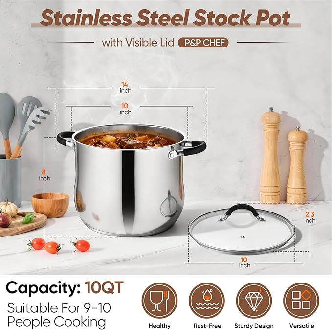 P&P CHEF 9.5" Stainless Steel Large Stock Pot