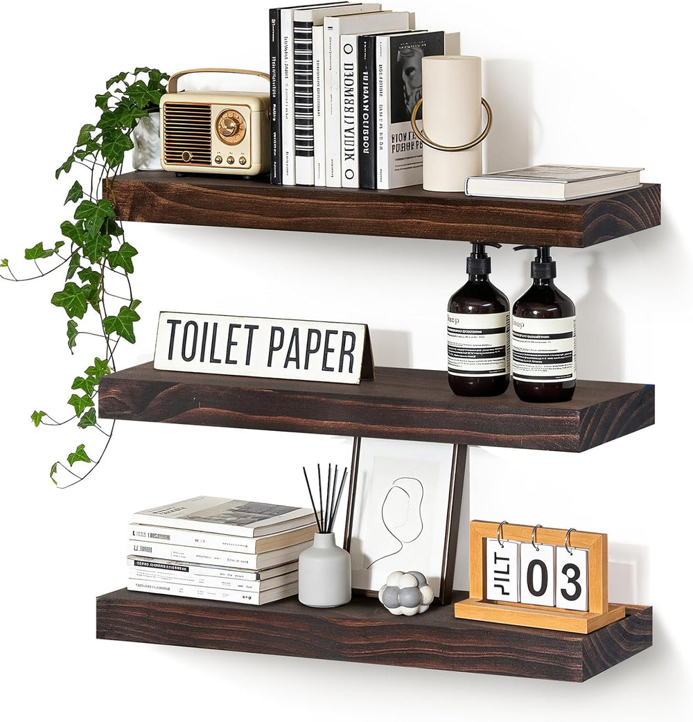 24x6.8x1.7in Solid Wood Floating Wall Shelf Set of 3 Walnut Finish
