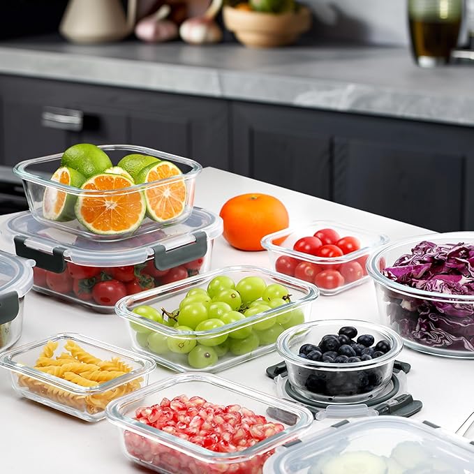 VERONES 30 Pieces Glass Meal Prep Containers Set, Stackable Glass Food Storage