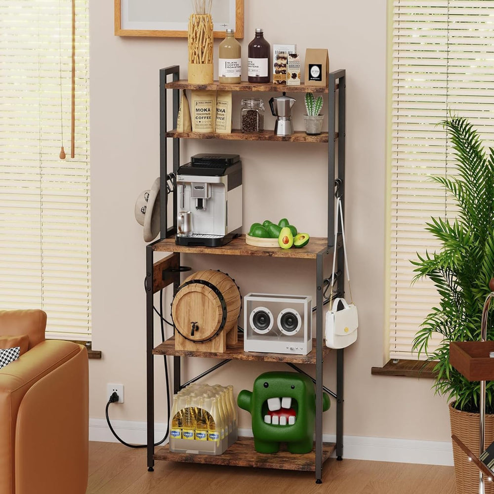 Kitchen Bakers Rack with Power Outlet, 5 Tiers Coffee Bar Table, Kitchen Micr...