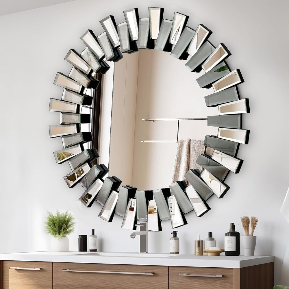 QDSSDECO 32" x32" Round Sunburst Wall Mirror, Frameless Beveled Edge
