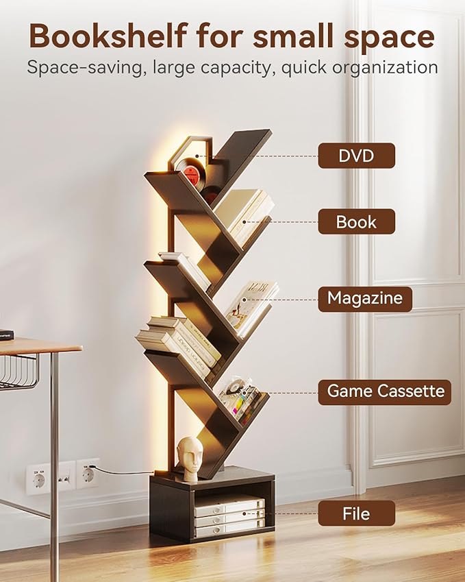 Casaottima 6-Tier Tree Bookshelf — Narrow Floor Standing Bookcase, Tall Steel...