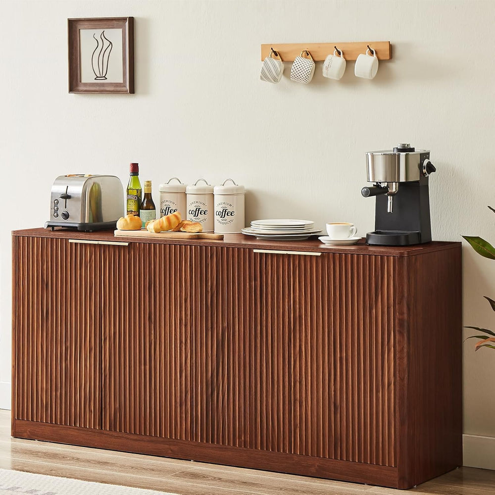 59" Walnut Fluted Sideboard Buffet Cabinet with Storage, Large Buffet Ca...