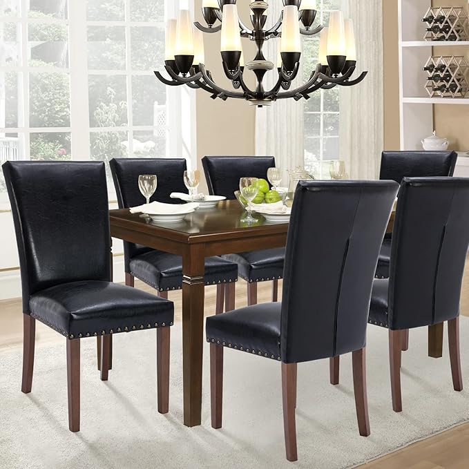 Parsons Dining Chairs Set of 2, Upholstered Nailhead PU Leather Dining Room K...