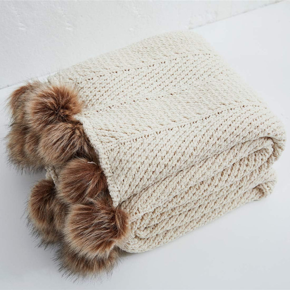 vctops Fur Pom Pom Knit Throw Blanket Super Soft Warm Cozy Cable Knitted Blan...