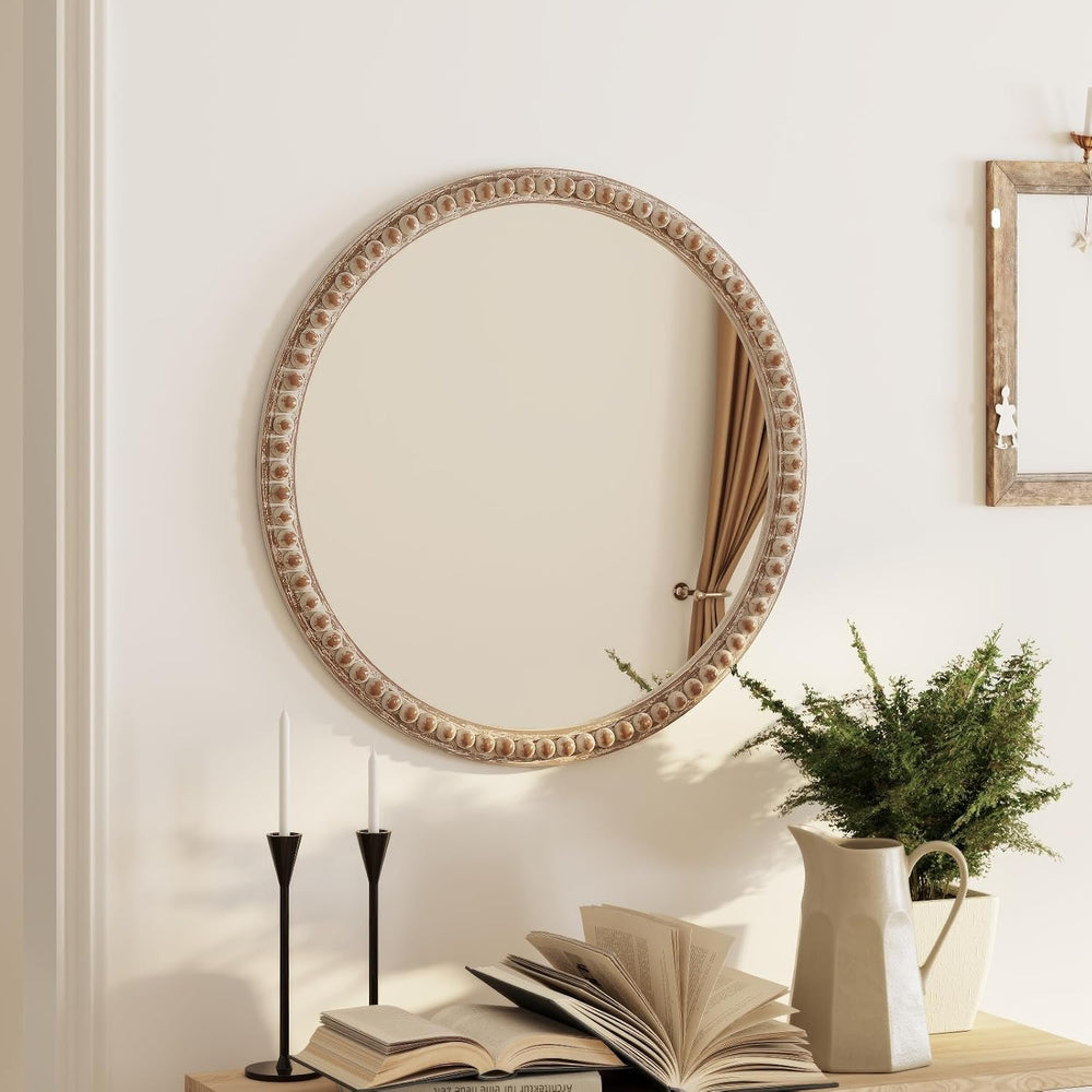 COZAYH - Round Wood Mirror - Rustic Farmhouse Wall Mirror