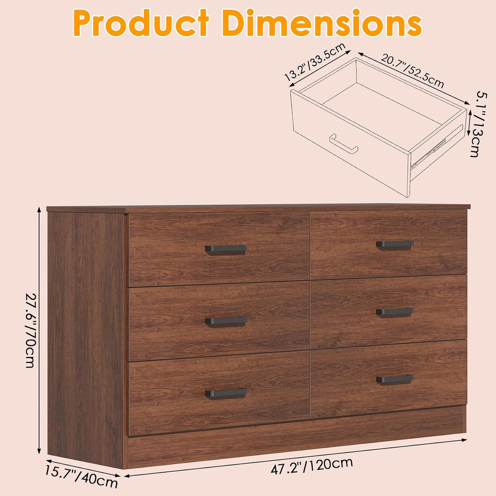 Bigbiglife Wood Dresser for Bedroom, 6 Drawer Double Dresser, Mid Century Mod...