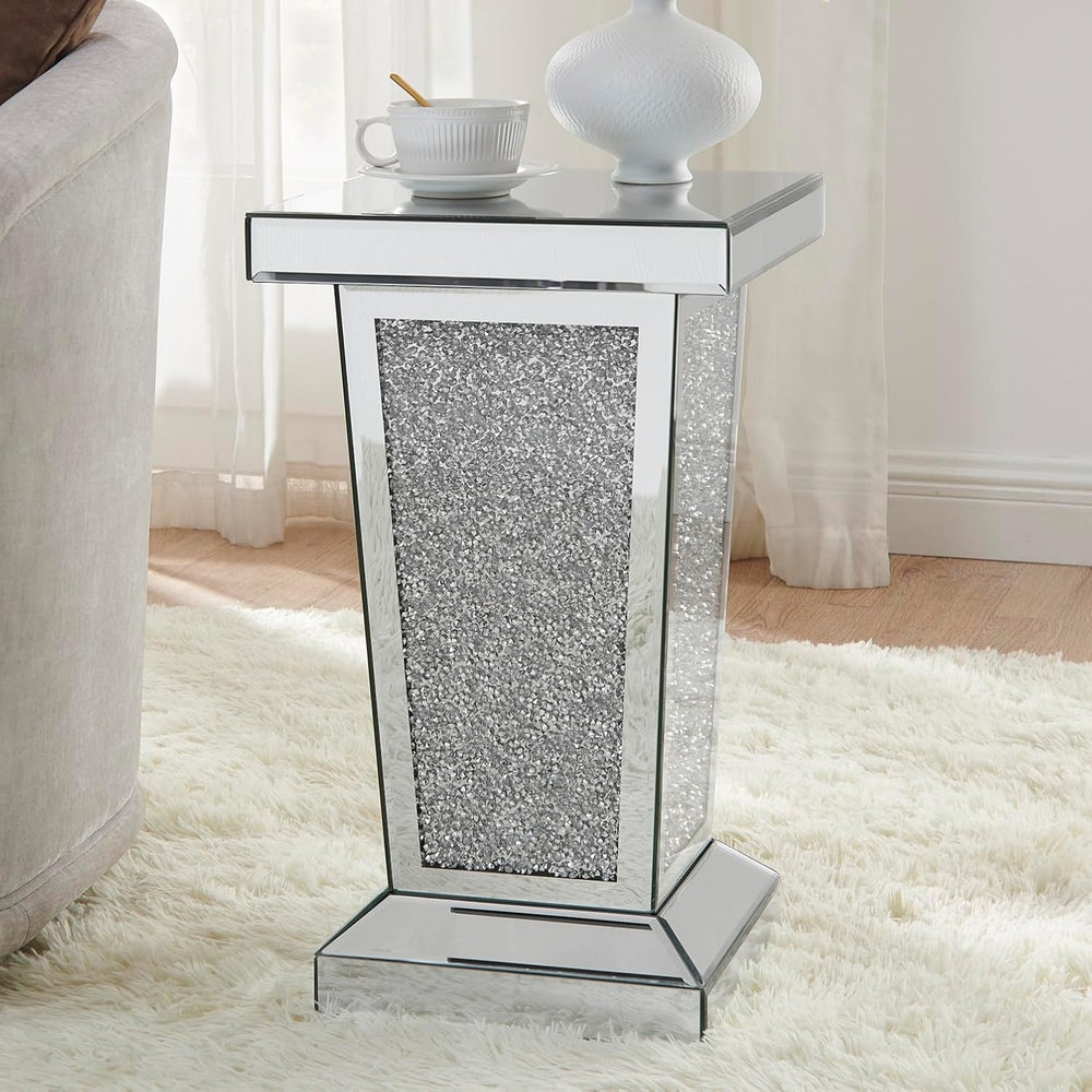 Mirrored End Table Modern Silver Side Table with Crystal Design Decorative Gl...