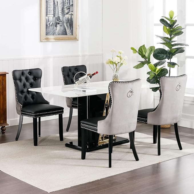 Modern Dining Chairs Set of 6, Tufted Upholstered Dining Chair with Solid Woo...