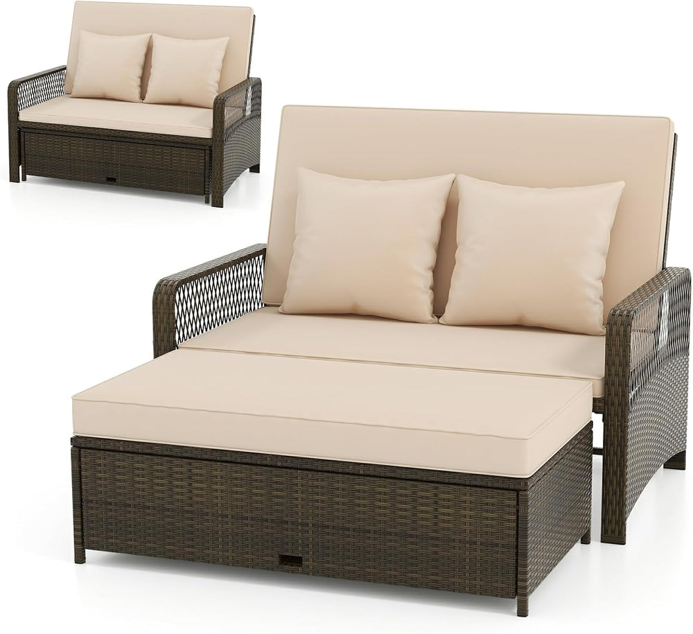 LDAILY Moccha Outdoor Daybed, PE Rattan Double Chaise Lounge w/ 4-Level Adjus...
