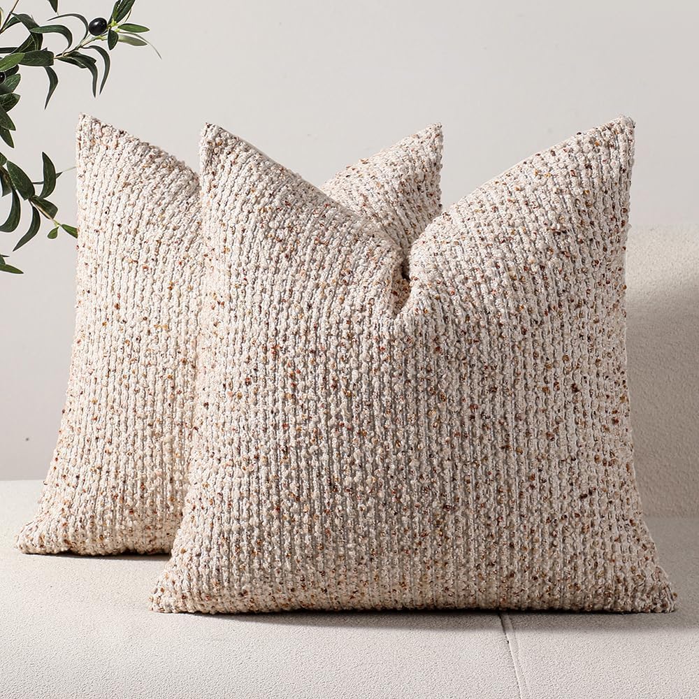 Striped Throw Pillow Covers 20x20 Set of 2 Beige Textured Boucle Chic Morden ...