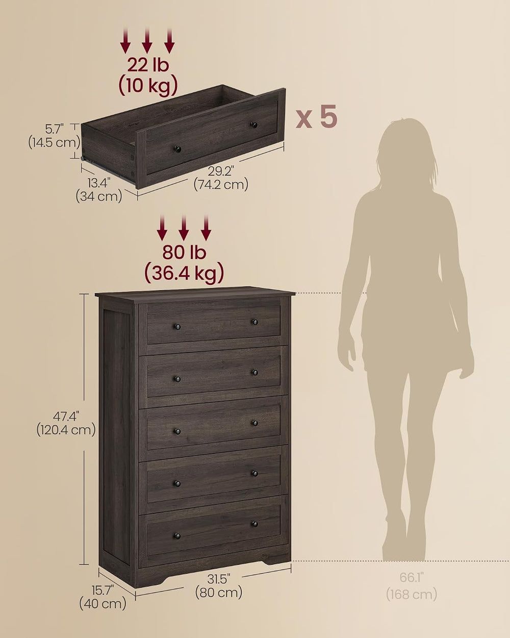 VASAGLE 5-Drawer Dresser, Chest of Drawers, 31.5 x 15.7 x 47.4 in