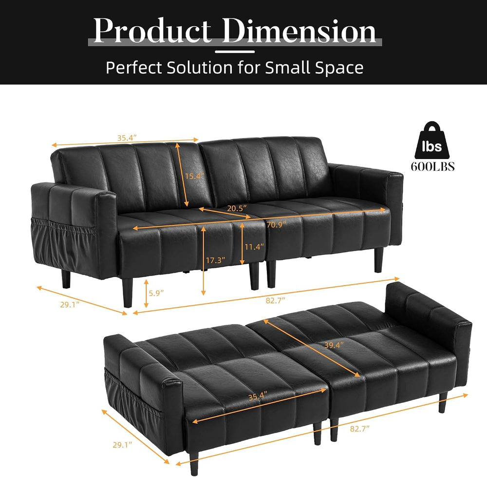 83" Faux Leather Futon Couch,Mid Century Modern Leather Sofa(Black)
