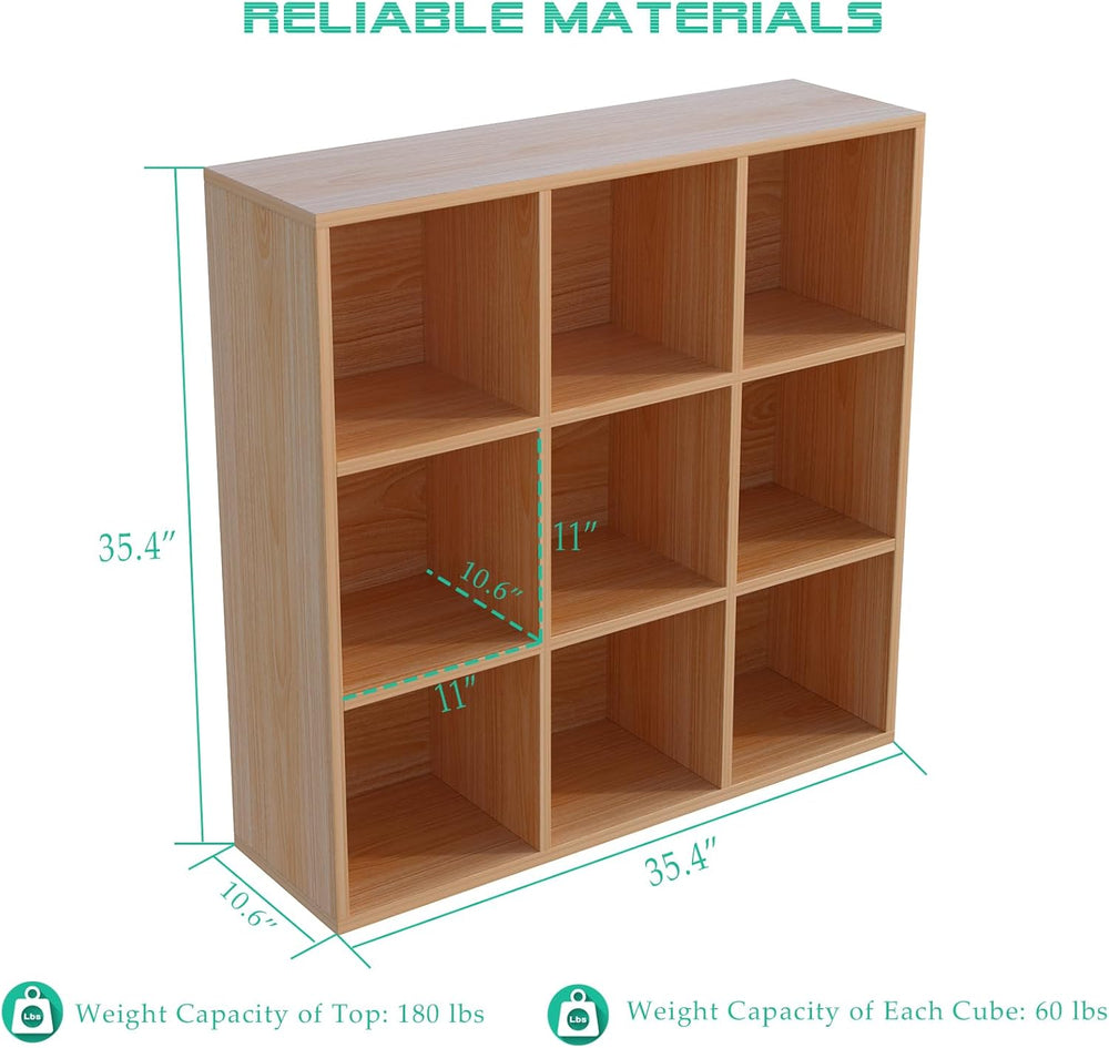 9-Cube Storage Shelf Bookcase - Wooden 3-Tier Floor Standing Open Bookshelf f...