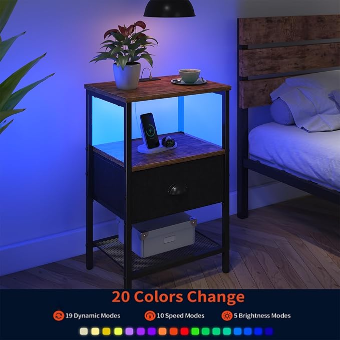 Sthmec Nightstands Set of 2, LED Bedside Tables with Charging Station and Fab...