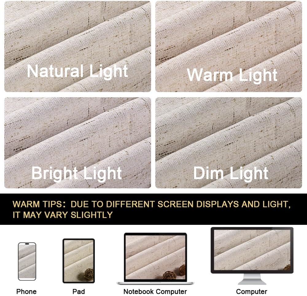 PrinceDeco Natural Linen Curtains 100% Blackout Linen Curtains for Bedroom Fu...