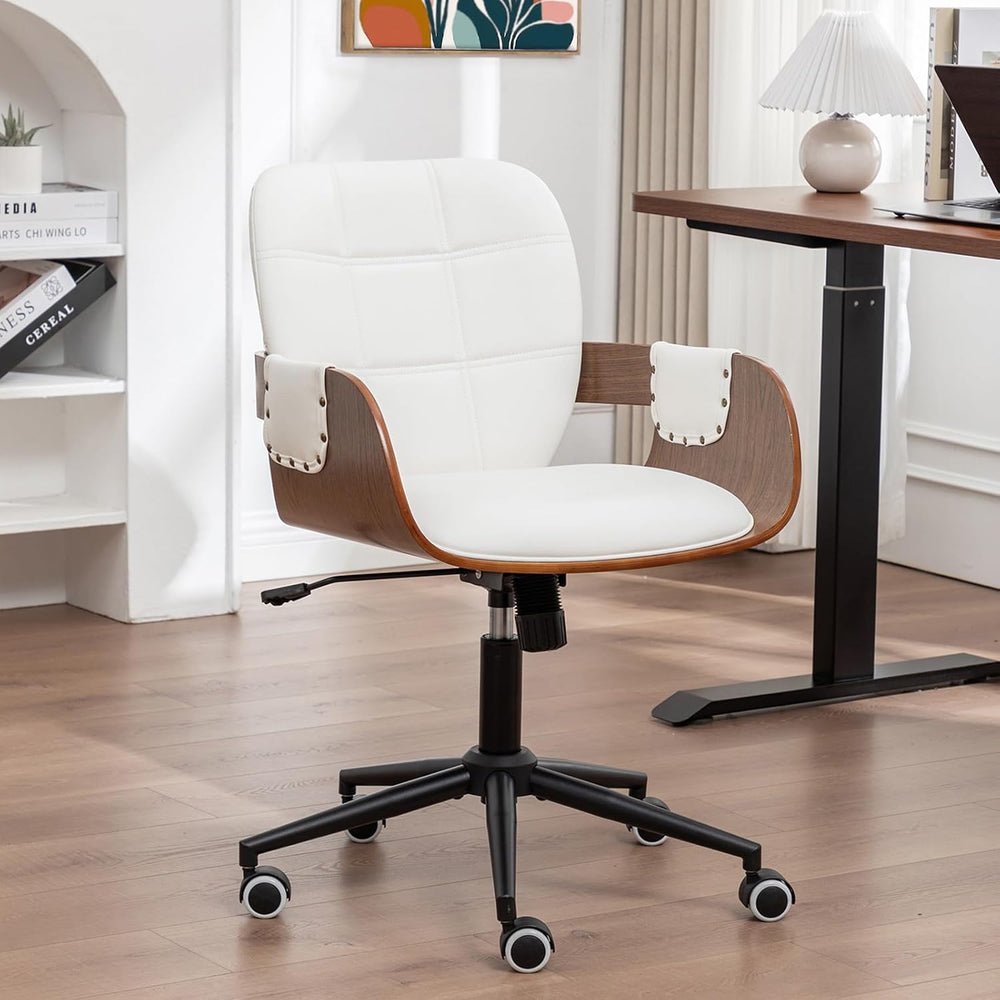 Mid Century Modern Executive Office Chair, Faux Leather Desk Chair, Walnut