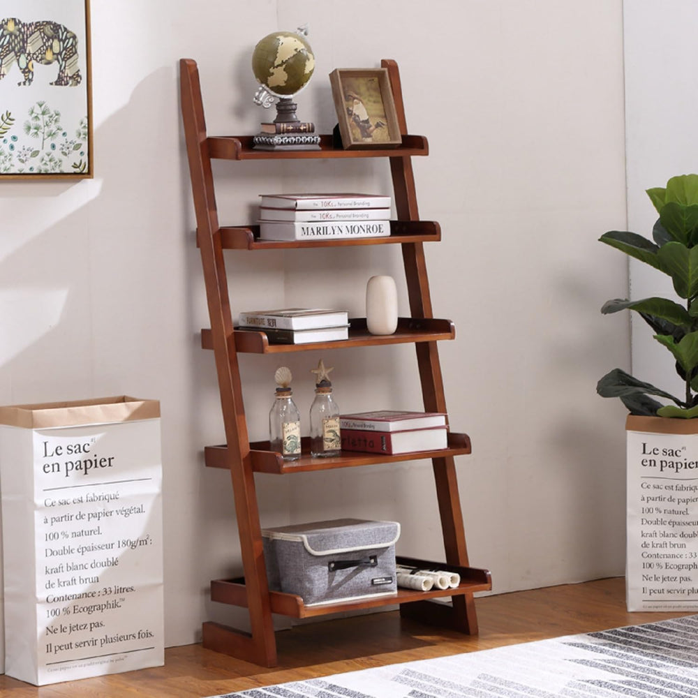 5-Tier Ladder Shelf, Minimalism Wood Ladder Bookshelf L-Shaped Leaning Storag...