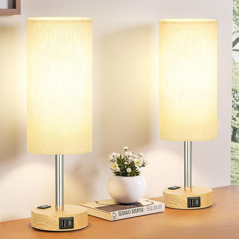 Bedside Table Lamp Set of 2 - Dimmable Touch, USB A+C, AC Outlet
