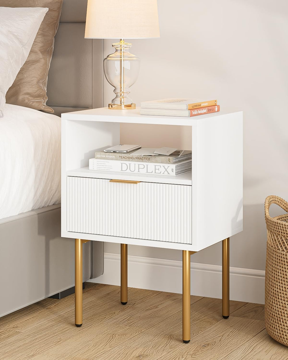 Masupu Nightstand,Mid-Century Modern Bedside Table with Storage Drawer and Op...