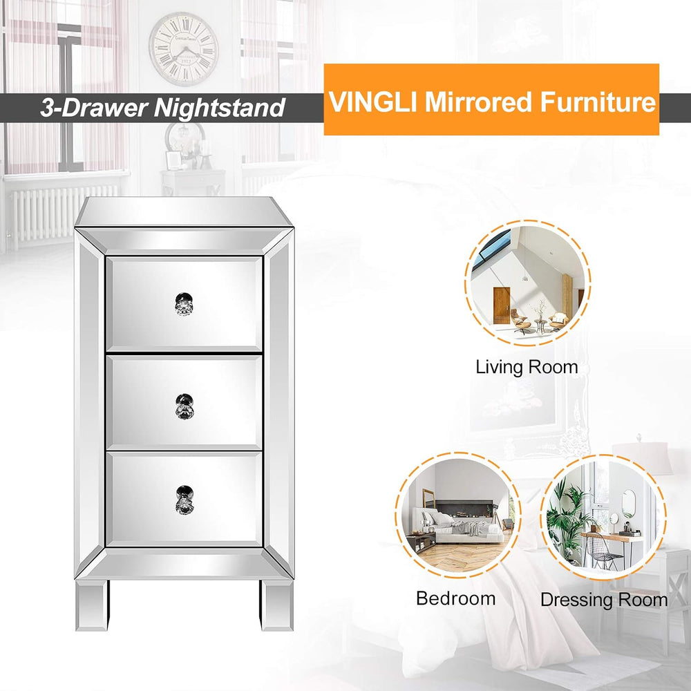 VINGLI Mirrored Nightstand with 3-Drawers Silver Side End Table Mirrored Furn...