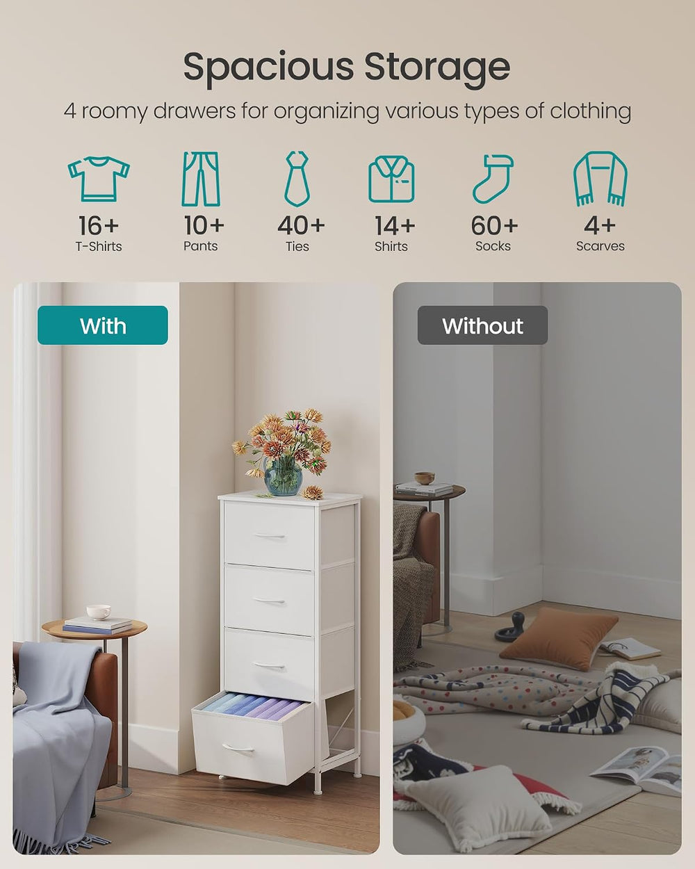 SONGMICS Dresser for Bedroom, Tall Dresser with 4 Fabric Drawers