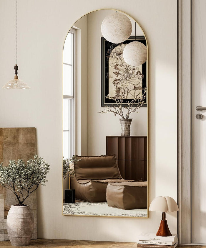 HARRITPURE 64"x21" Arched Full Length Mirror Free Standing Leaning Hanging Mounted Mirror Aluminum Frame Modern Simple Home Decor for Living Room Bedroom Cloakroom, Gold