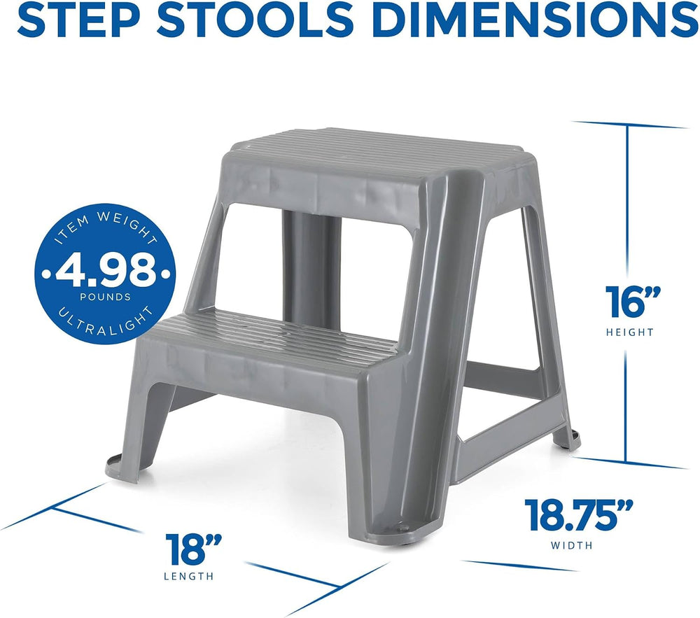 Gracious Living 16-Inch Tall Plastic 2-Step Stool, Gray, 4 Pack | Portable Du...