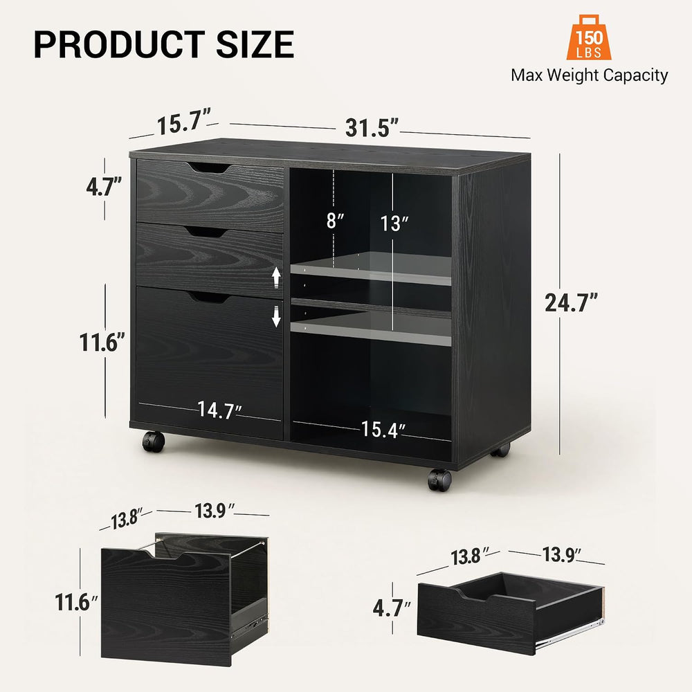 DEVAISE 3 Drawer Wood File Cabinet, Rolling Filing Cabinet with Open Storage ...
