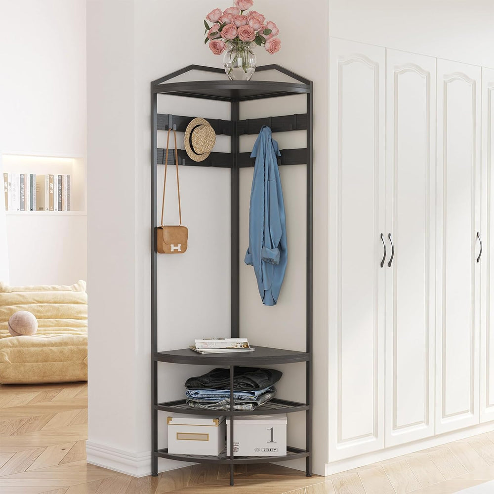 GiftGo Corner Hall Tree with Shoe Bench Entryway Coat Rack with 10 Metal Mova...