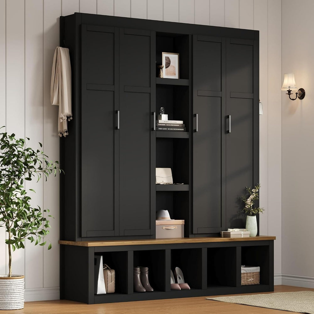 Modern 63'' Wide Hall Tree with 6 Hidden Hanging Hooks, Brown Wood Gr...