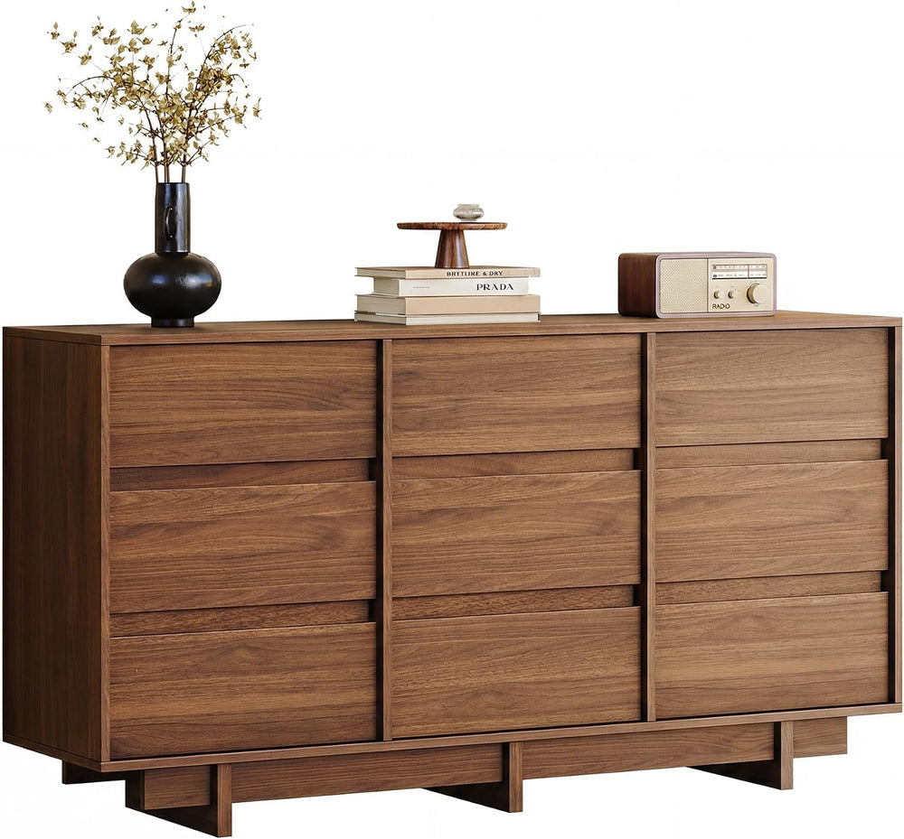 HOUROM 59in 9 Drawer Walnut Dresser for Bedroom, Modern Chest of Drawers