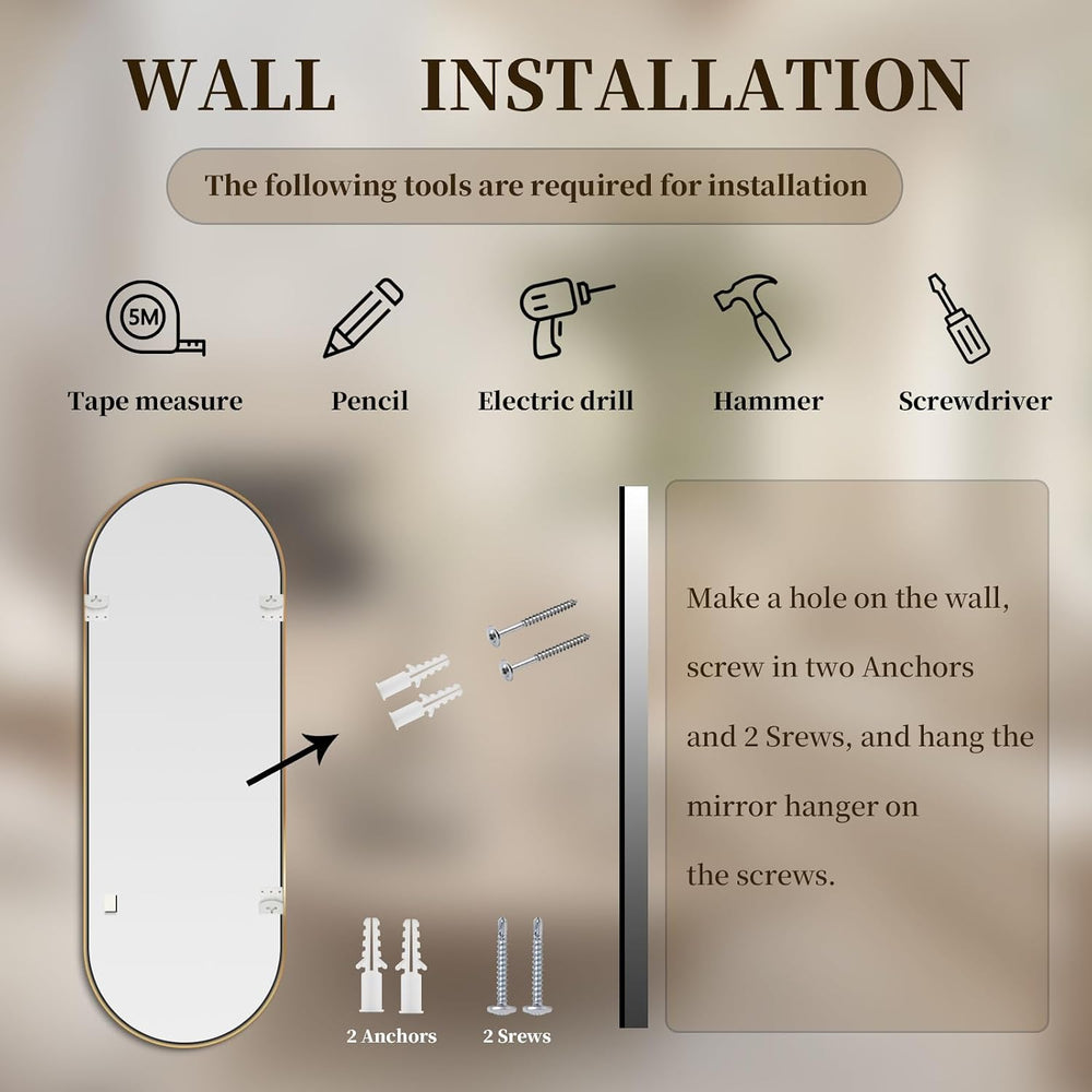 Oval Full Length Mirror, 48"×16" Wall-Mounted Mirror with Metal Fra...