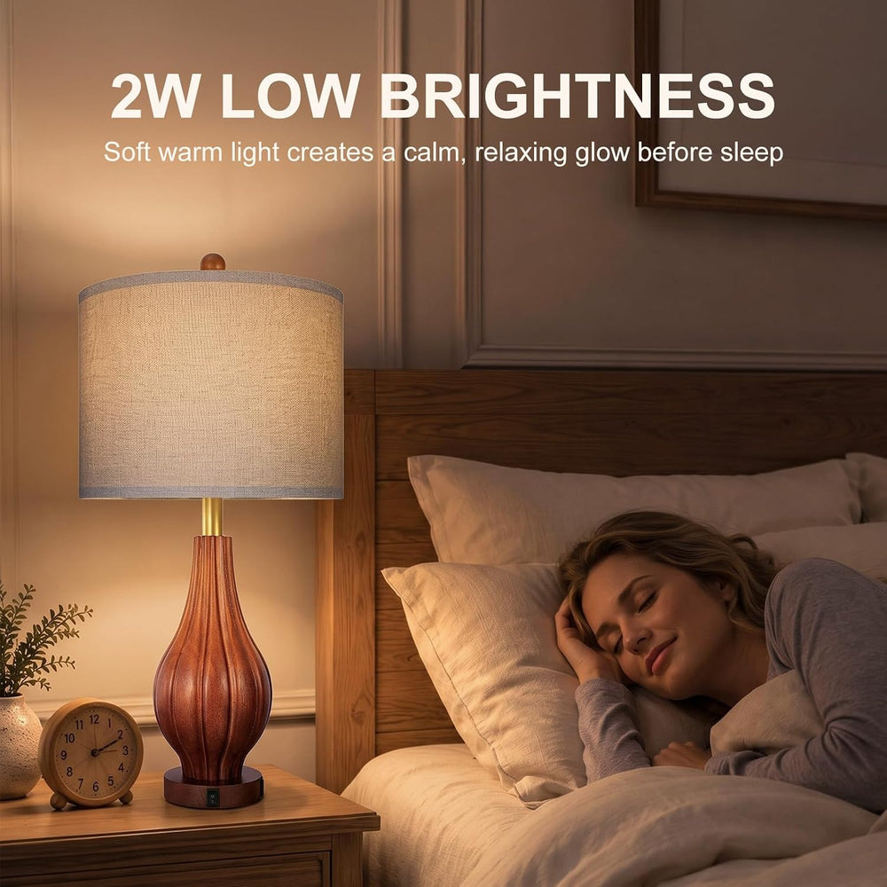 Scenekoy 26.5" Solid Wood Table Lamp Set of 2, USB A+C, 3-Way Dimmable Lamp