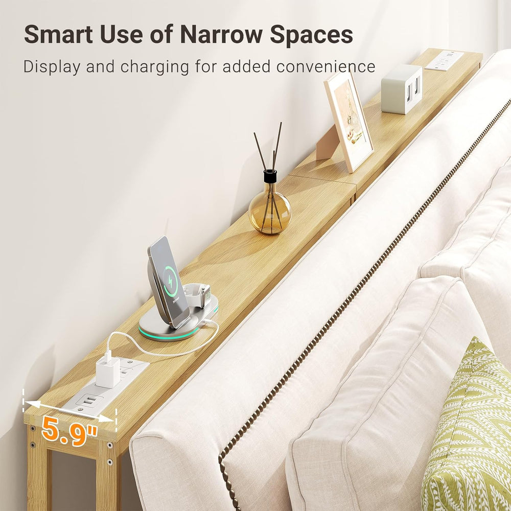 ELYKEN Bamboo Narrow Console Table with Charging Station, 2 Pack Slim Sofa Ta...