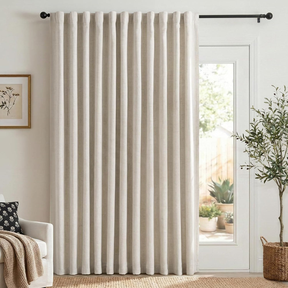 Linen Textured Total Blackout Sliding Door Curtains 96 Inches Long, Cream