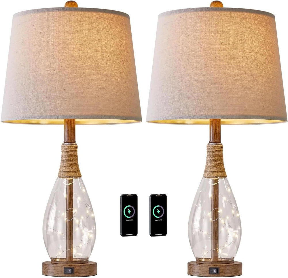 2 in 1 Bedside Table Lamps Set of 2, Farmhouse Glass Lamp, Wood-Like
