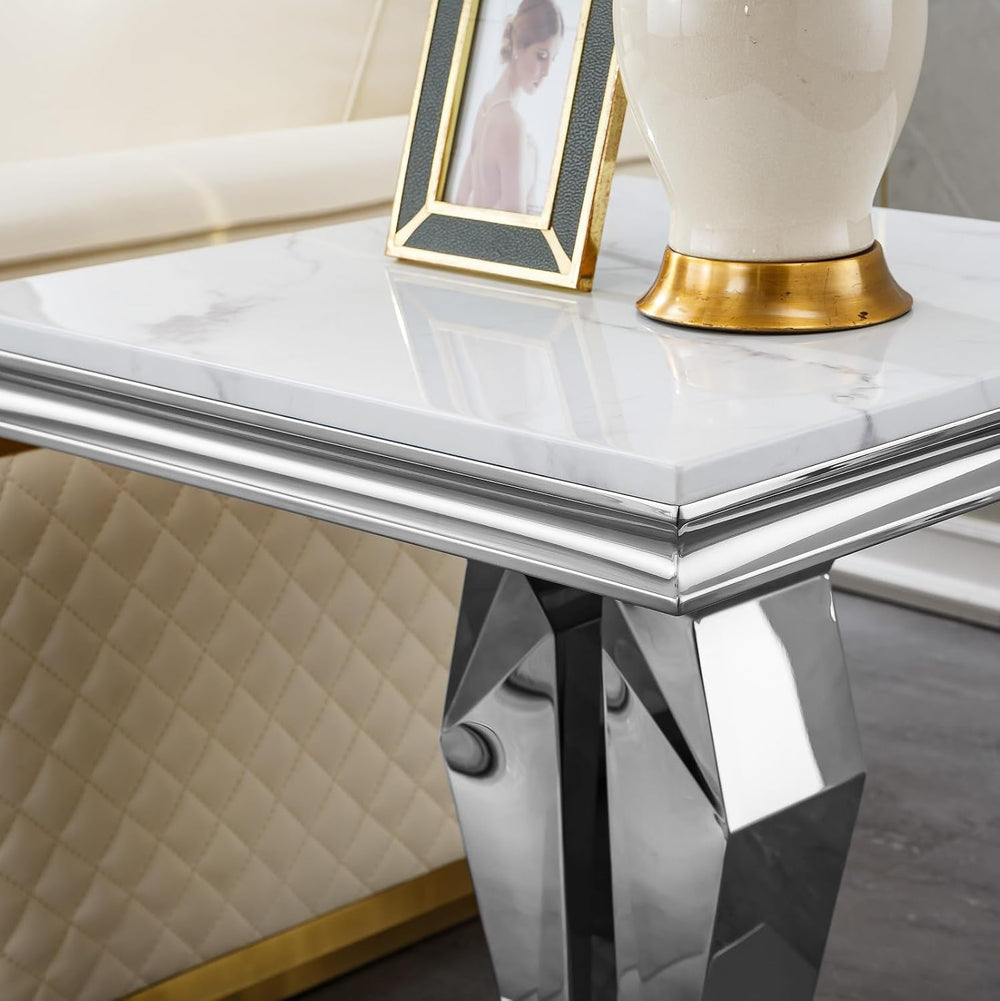 23in Faux Marble End Table w/Y Stainless Steel Base, Night Stand Square End T...