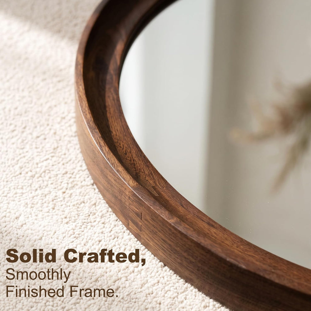 Round Wood Mirror, 22" Circle Mirror with Wooden Frame, Walnut Brown