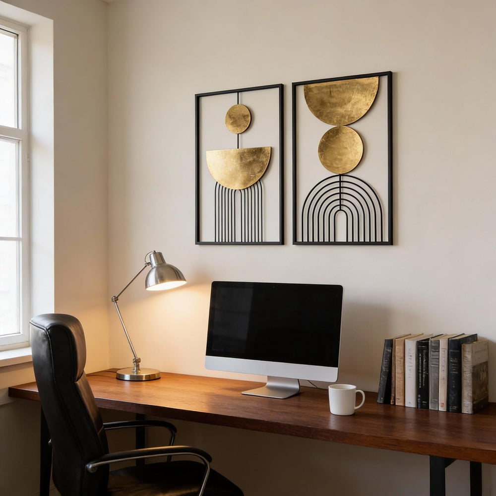Abstract Geometric Wall Decor Set, Gold and Black Metal Wall Art with Circula...