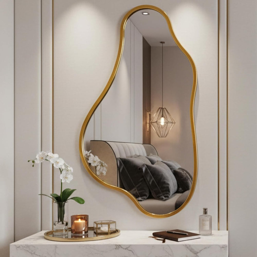 32x18 Inch Irregular Wall Mirror, Vertical Wavy Design, Gold Asymmetrical Met...