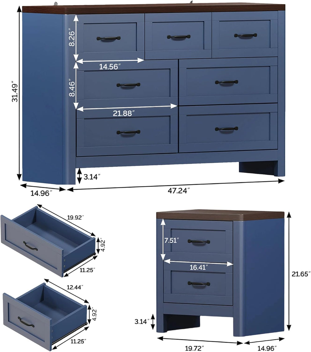 Farmhouse Dresser and Nightstand Sets 3 Piece,Bedroom Furniture Set, 7 Drawer...