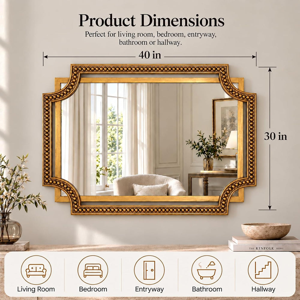 Gold Rectangle Wall Mirror, 40x30 Inch Scalloped Beaded Frame for Bathroom