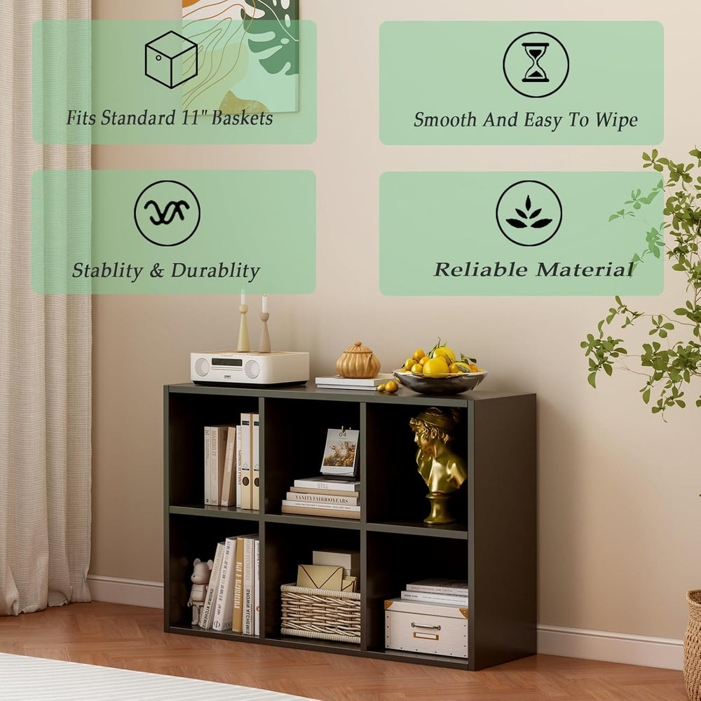 6-Cube Storage Shelf Bookcase - Wooden 3-Tier Floor Standing Open Bookshelf f...