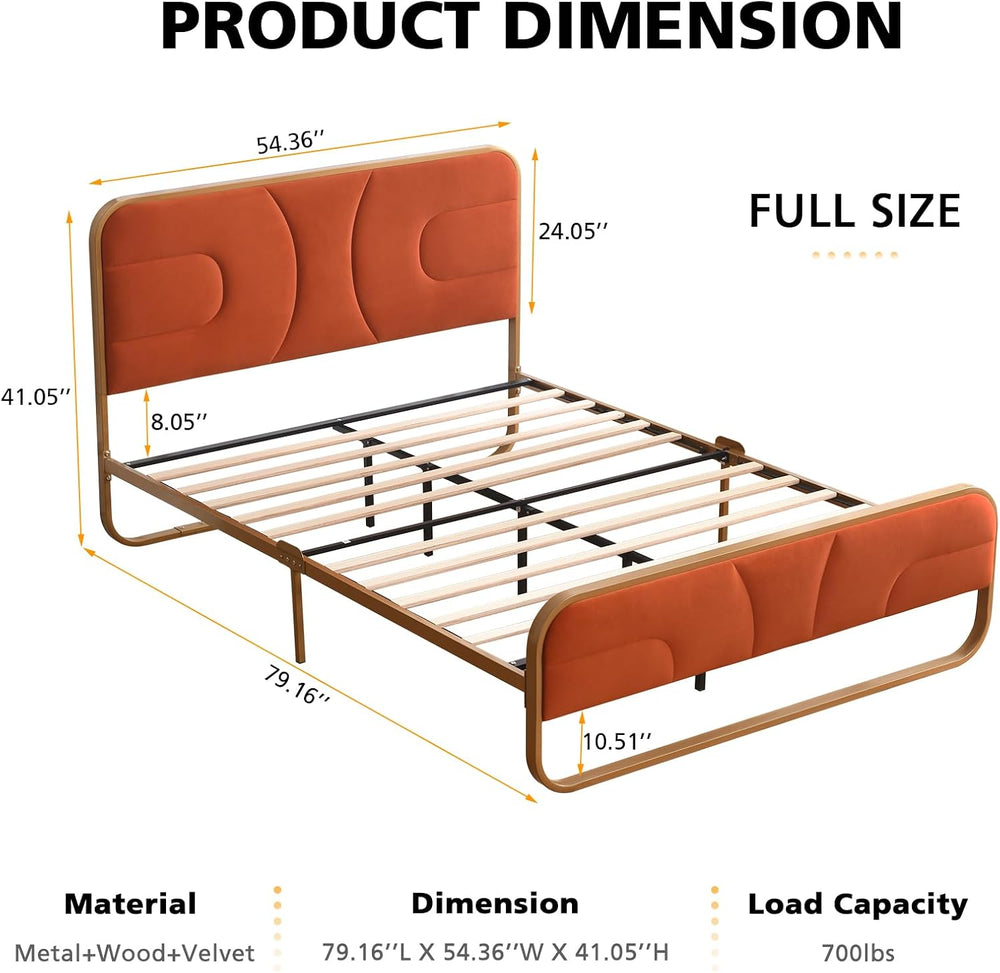 VELOCAVA Full Size Velvet Upholstered Platform Bed with Headboard, Modern Rou...