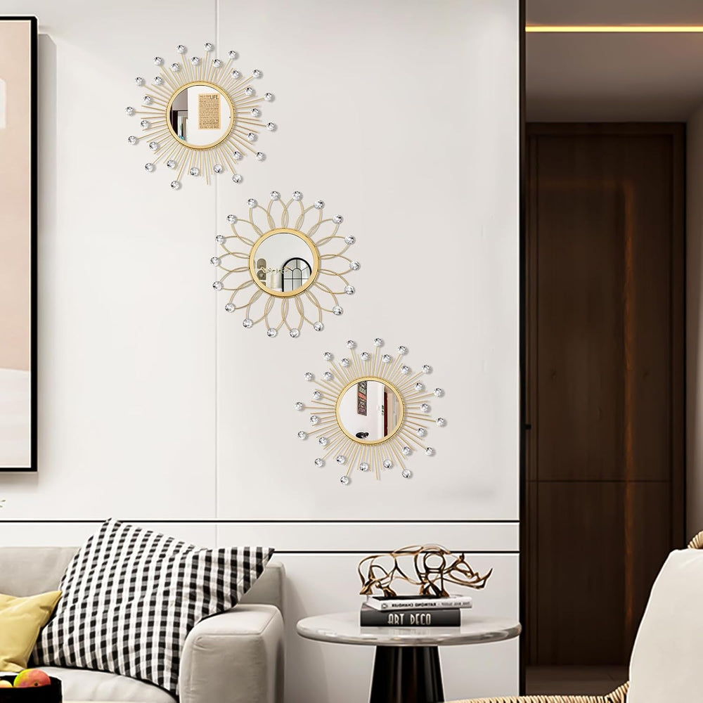 3 Pack Metal Mirrors for Wall Sunburst Wall Mirror Gold Crystal Home Accent