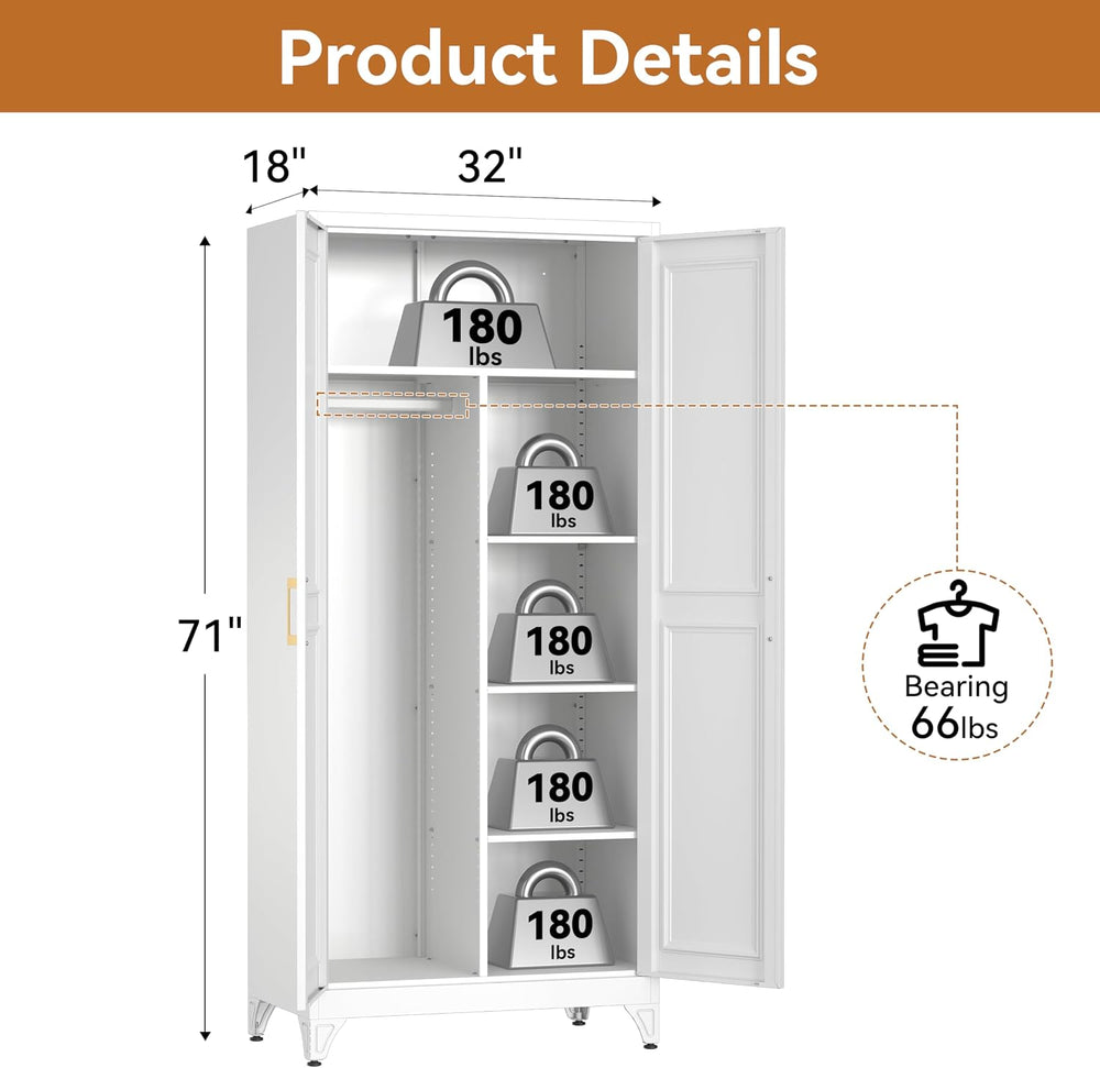 Polup Metal Armoire Wardrobe Closet, 71" Tall Wardrobe Cabinet with 2 Doors